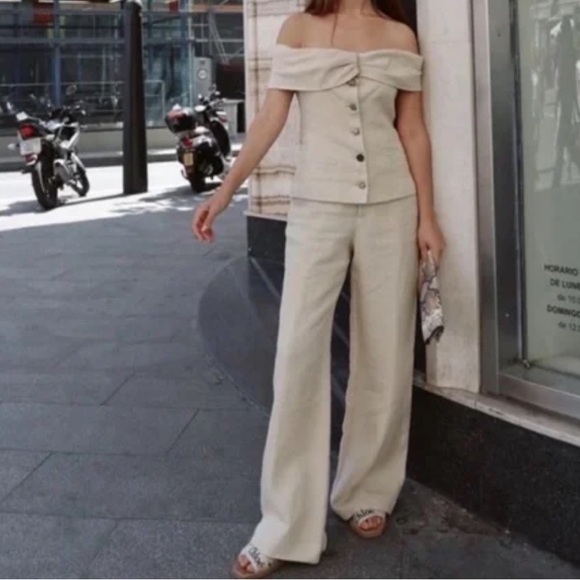 ZARA NWOT linen Off-Shoulder Cream Wide-Leg Pants Set size S